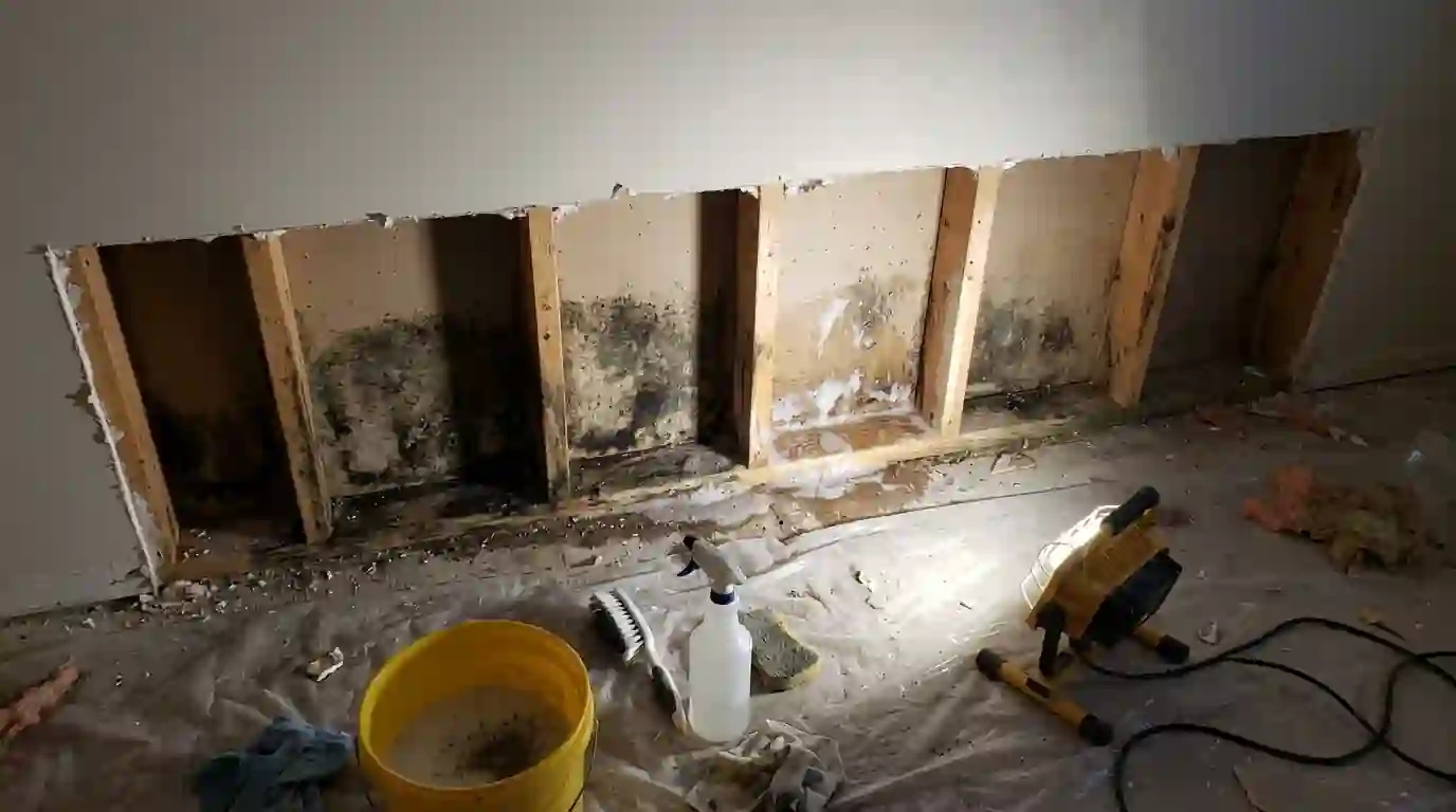 Mold on a bottom plate behind removed drywall