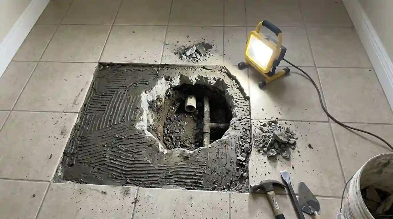 Plumber's access hole in a tiled slab floor