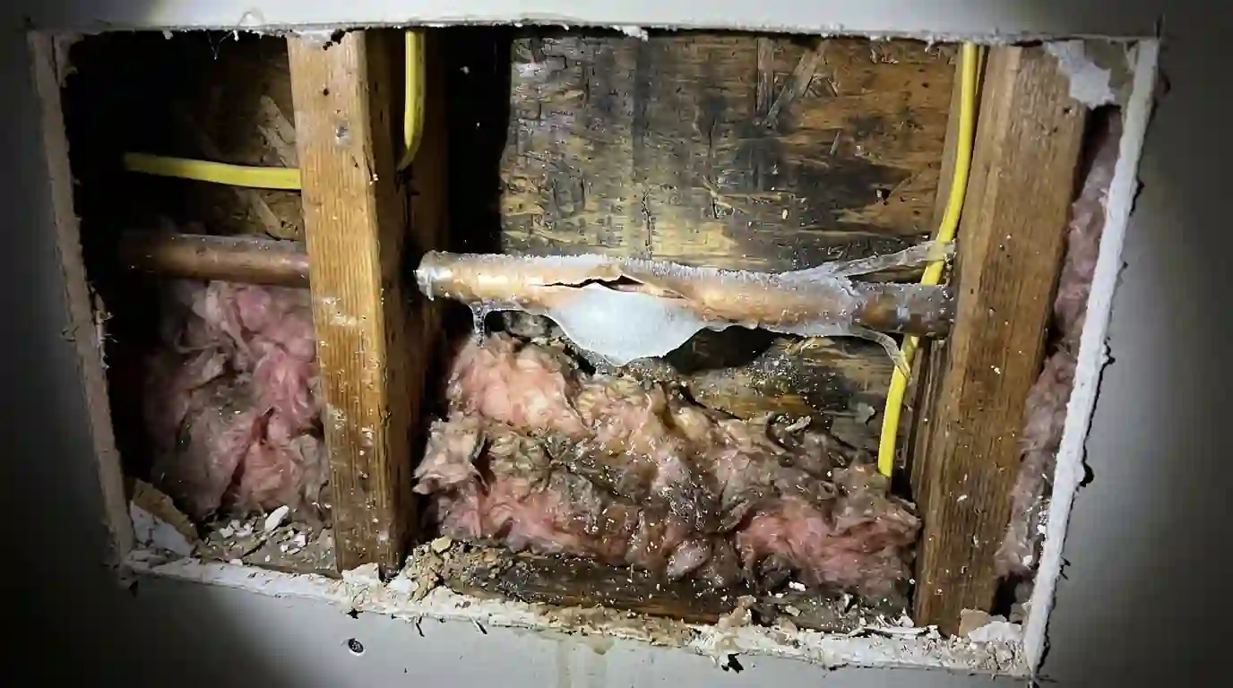 Frozen pipe split inside an exterior wall in an Oklahoma City home
