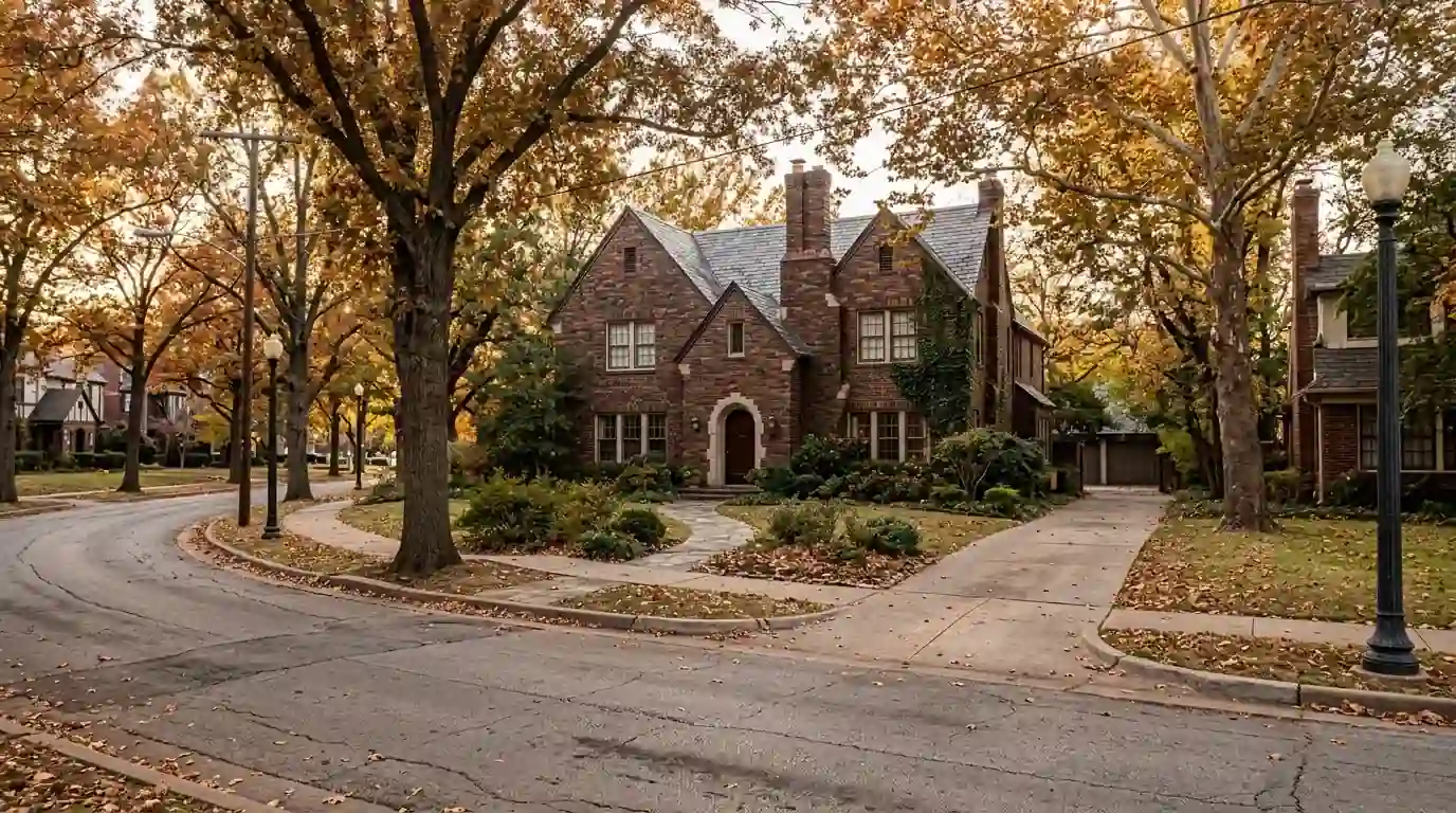 Older large home on a curving Nichols Hills street
