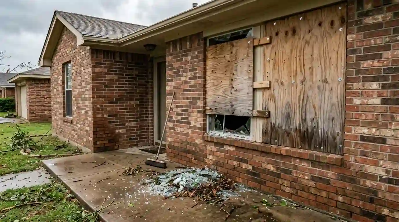Plywood board-up over broken windows after a storm