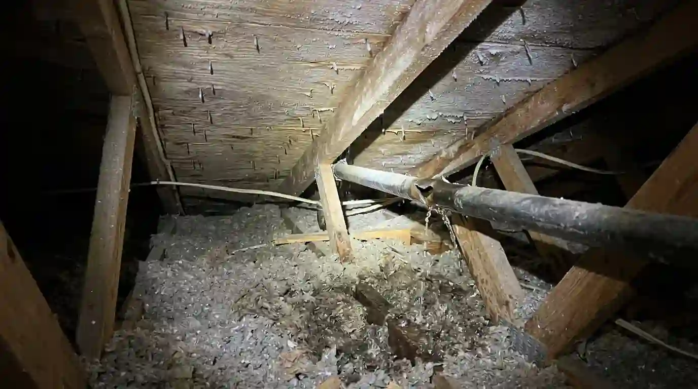 Frozen sprinkler pipe split above a ceiling