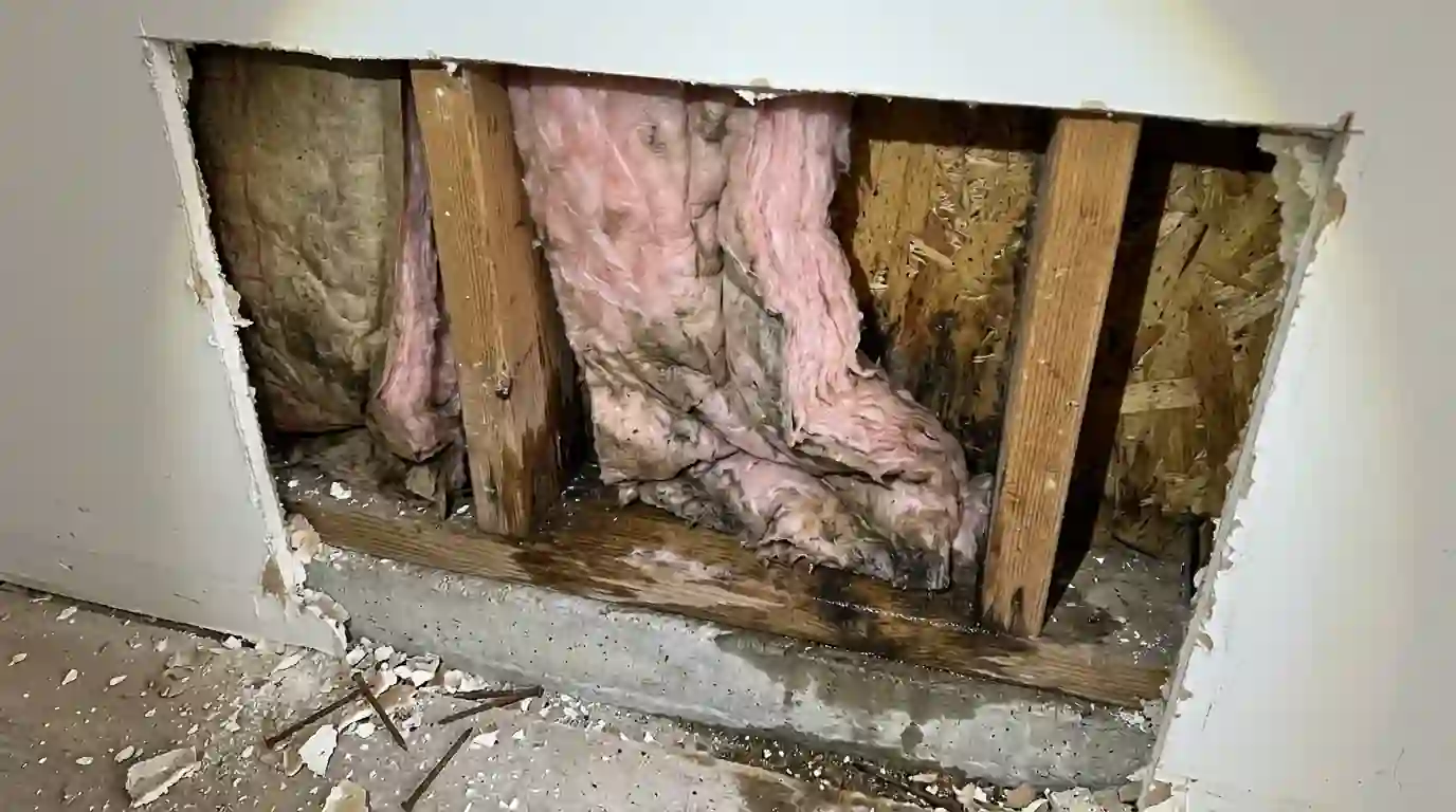Wet fiberglass batts in an opened wall cavity