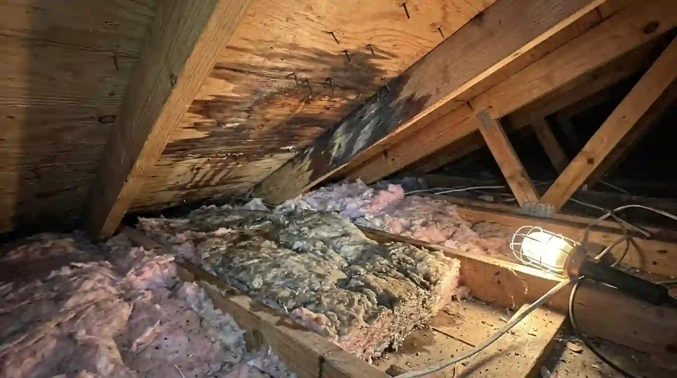 Wet insulation in an attic beneath a roof leak