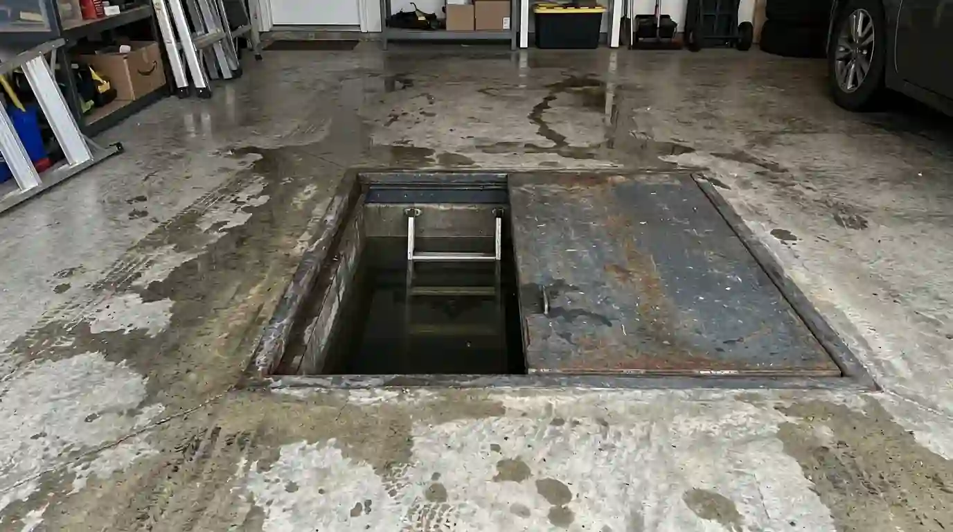 Flooded in-garage storm shelter in an Oklahoma City home