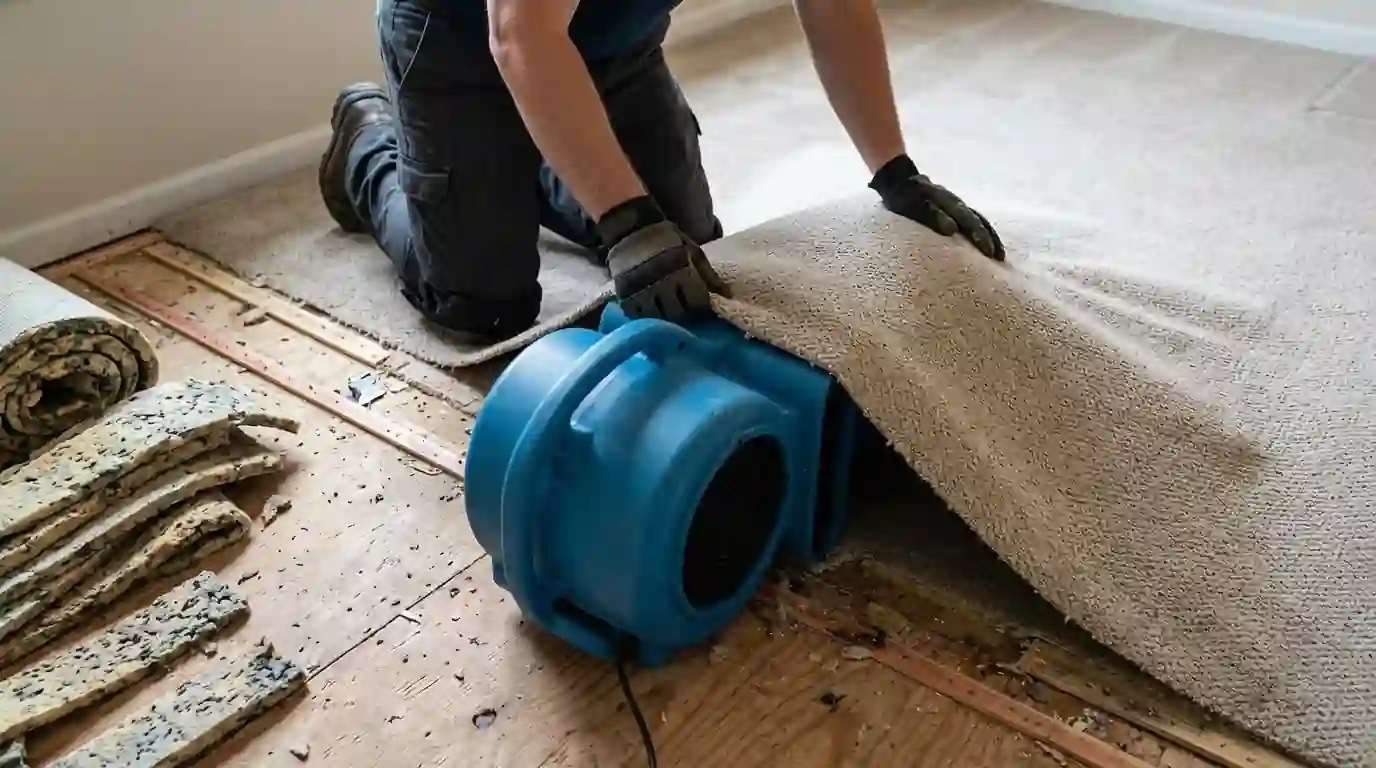 Wet carpet floated with an air mover tunneling underneath