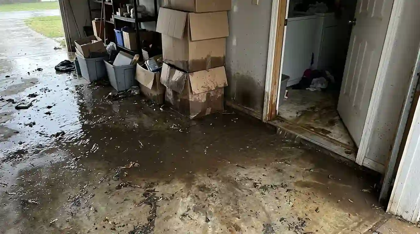 Storm water across a garage floor in an Oklahoma City home
