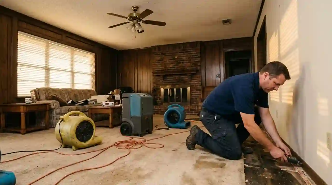 Technician checking damp carpet with a moisture meter in an Oklahoma City living room