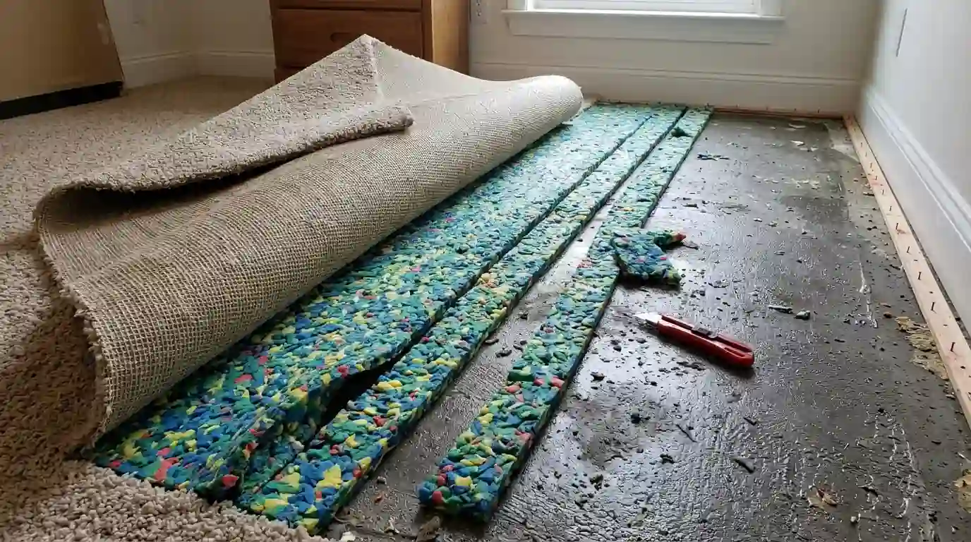 Wet carpet pad being cut out in an Oklahoma City bedroom
