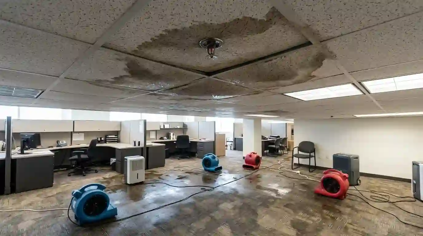 Ceiling and carpet damage after a sprinkler discharge in Oklahoma City
