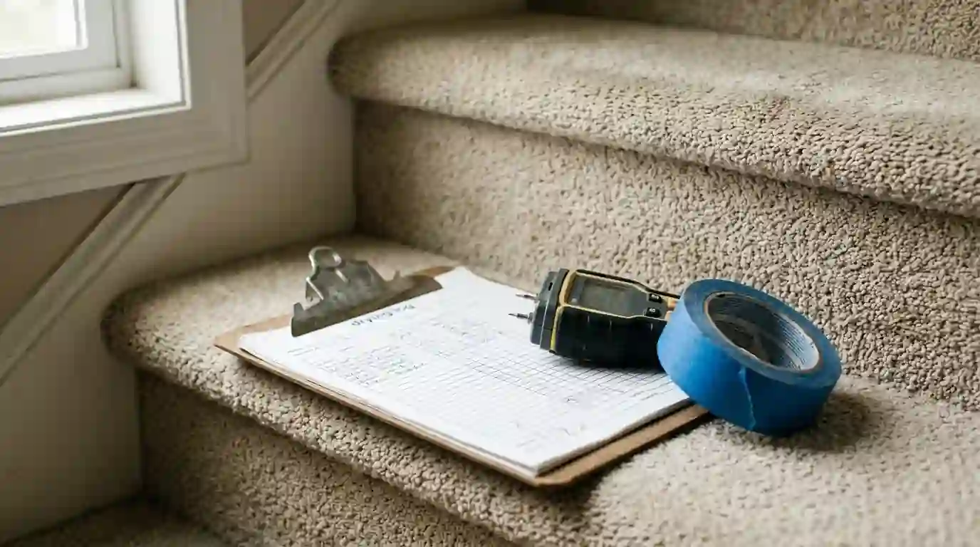 Drying log, moisture meter and tape on a carpeted stair