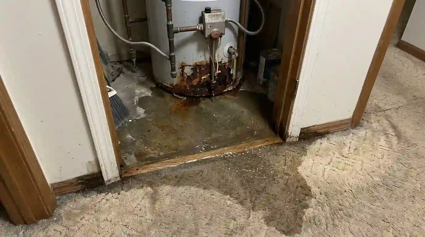 Leaking water heater in an Oklahoma City utility closet