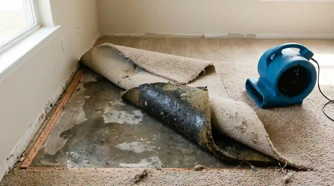 Wet carpet folded back to reach the soaked pad