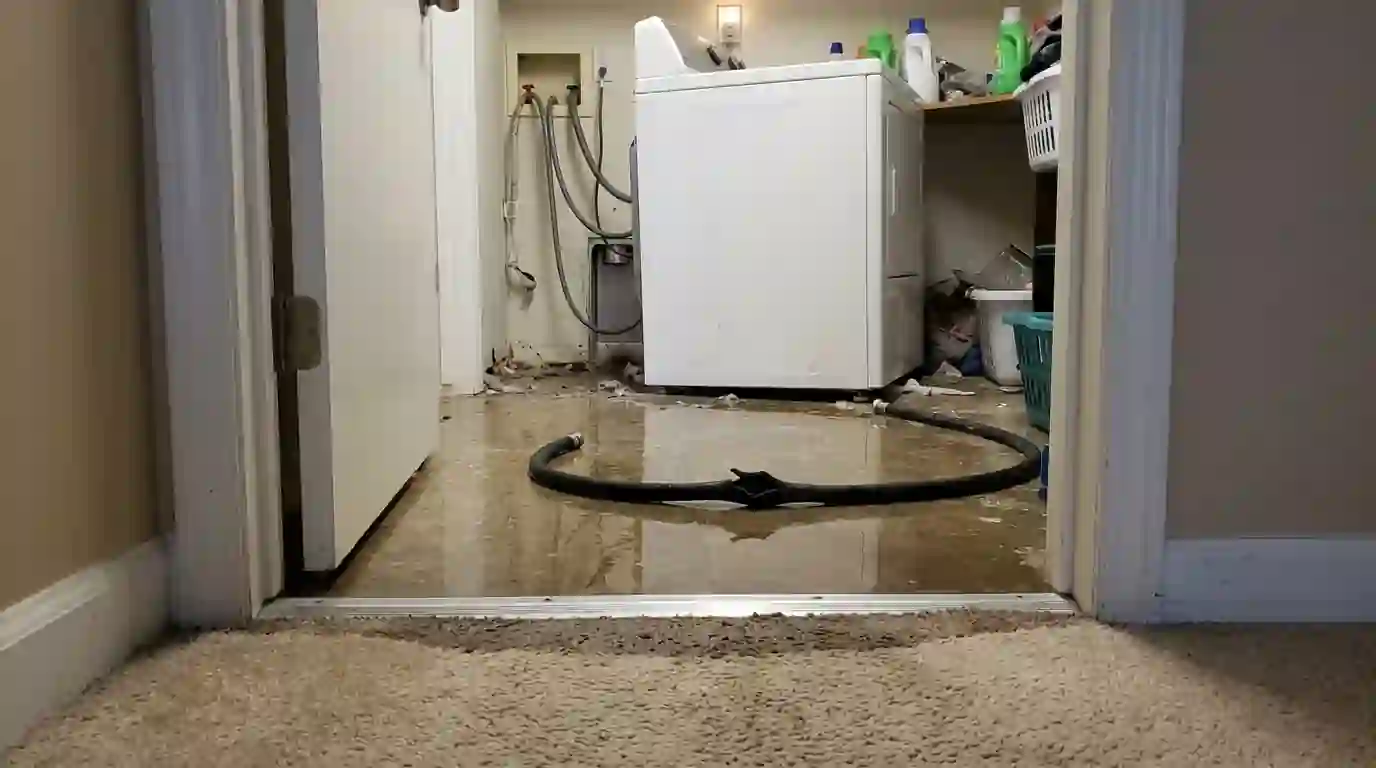 Burst washing machine hose in an Oklahoma City laundry room