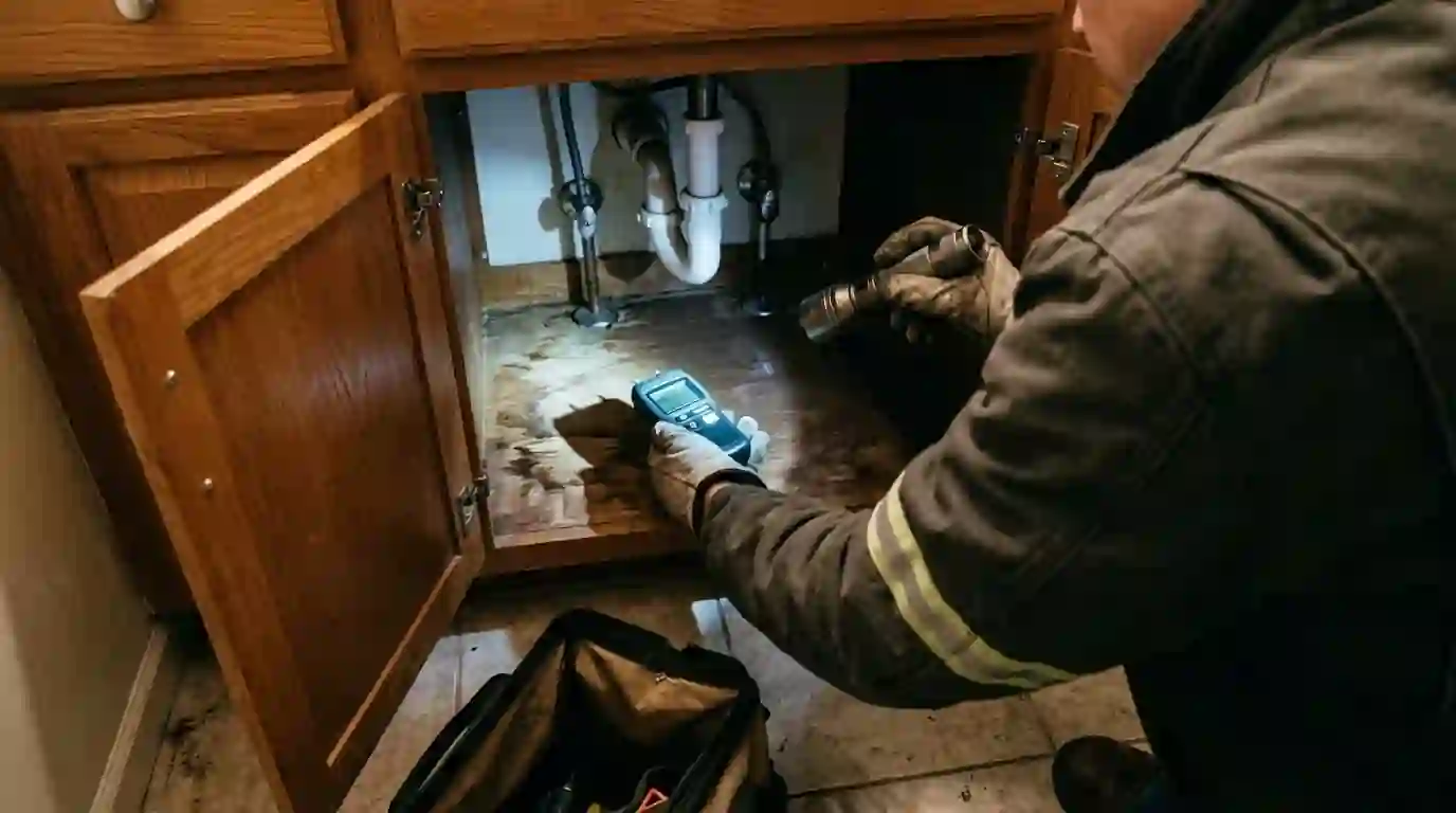 Mold inspection under a bathroom vanity in an Oklahoma City home