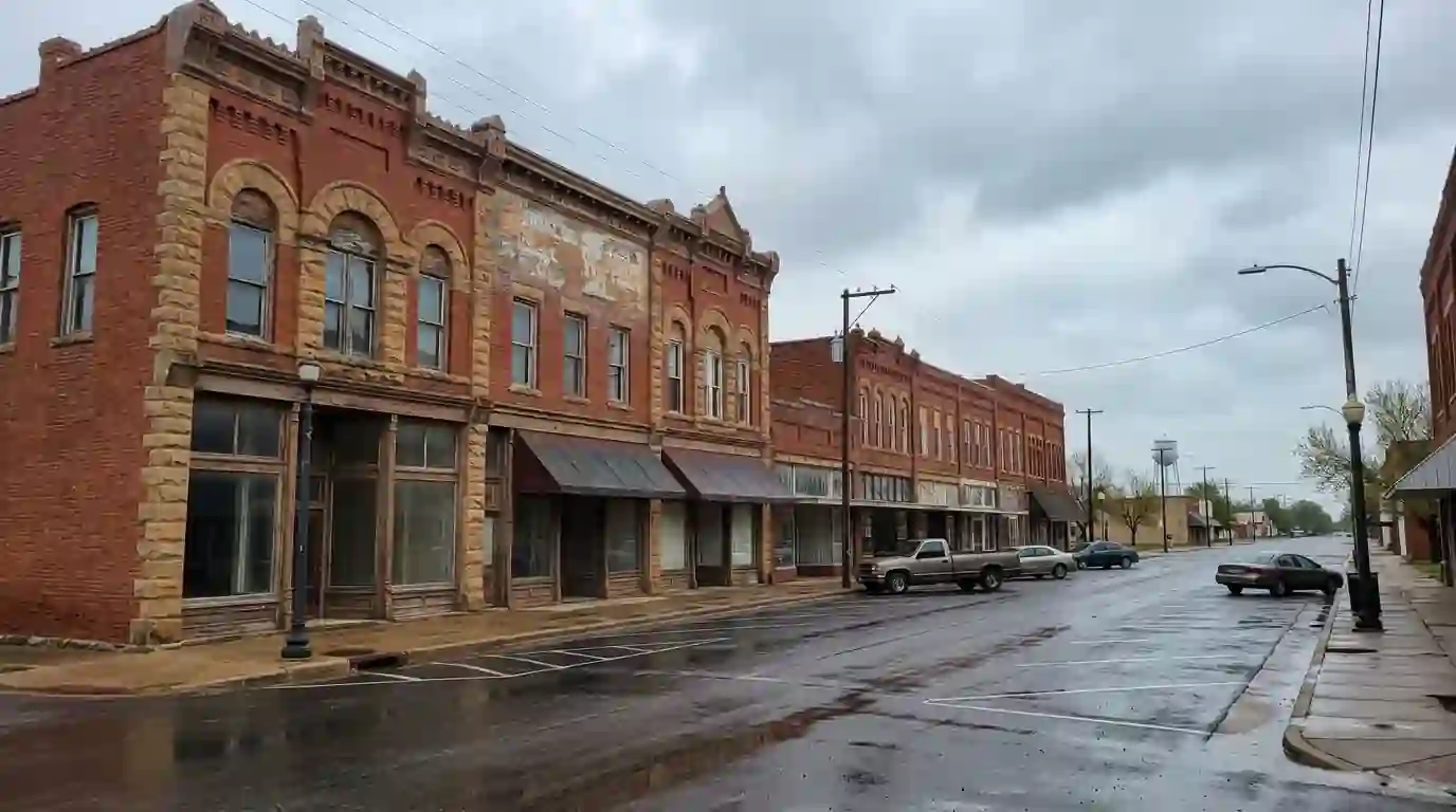 Historic brick buildings on a Logan County main street