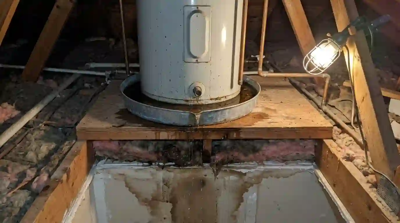 Attic water heater with an overflowing drain pan