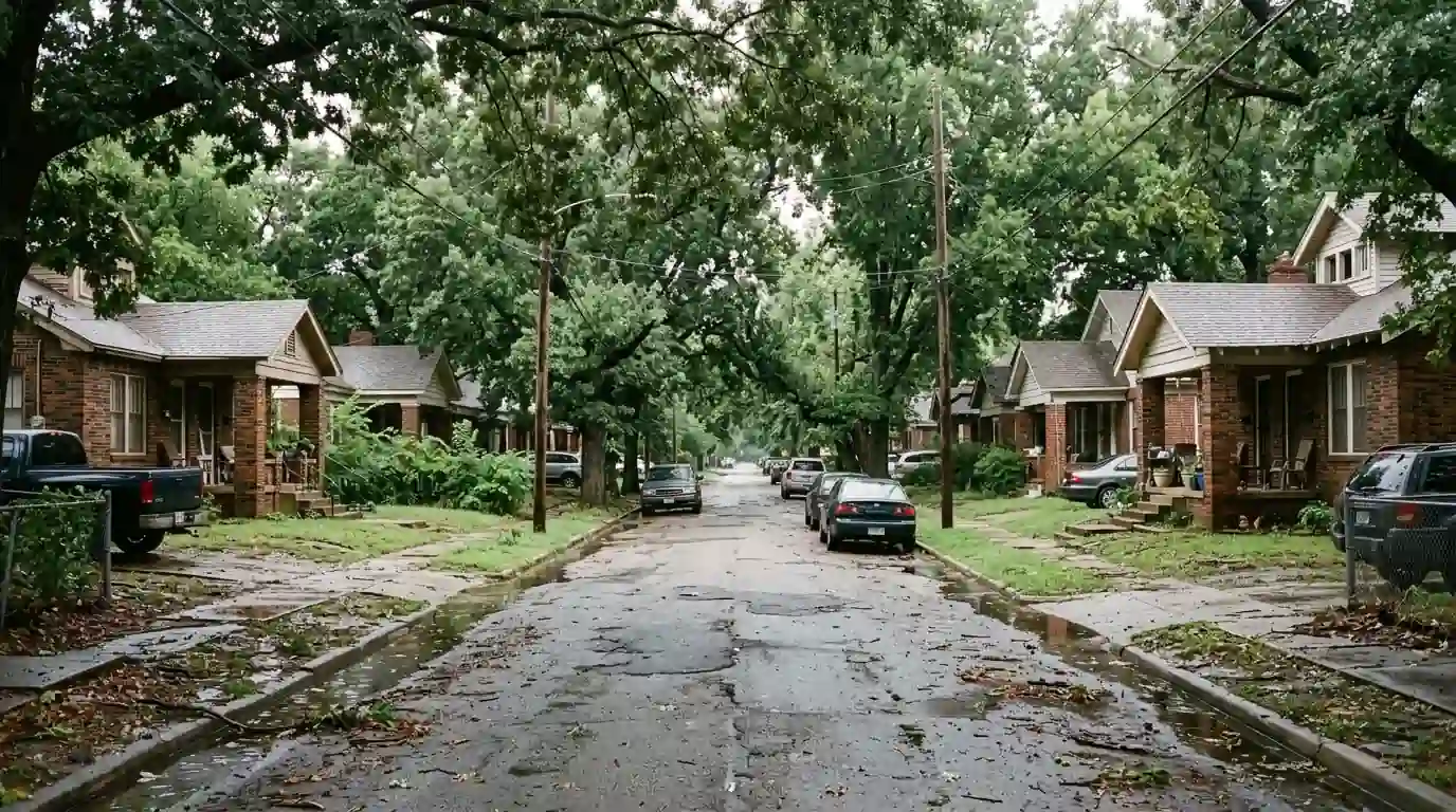 Older homes and duplexes on a Norman street after rain