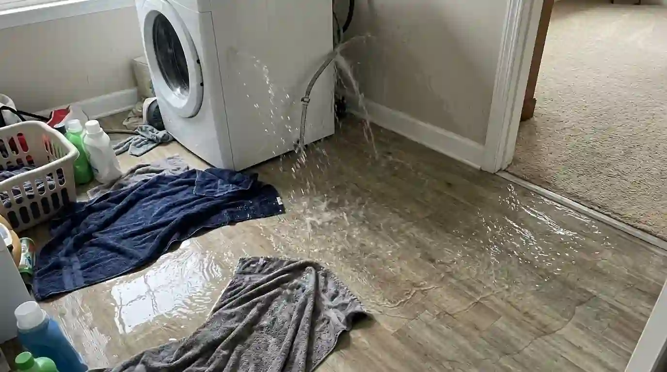 Burst washing machine hose spreading water across a laundry floor