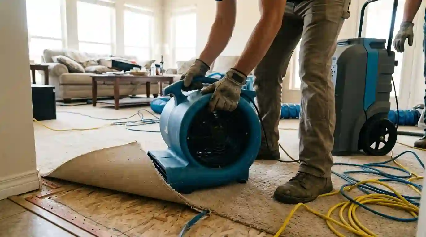 Setting up drying equipment in an Oklahoma City living room