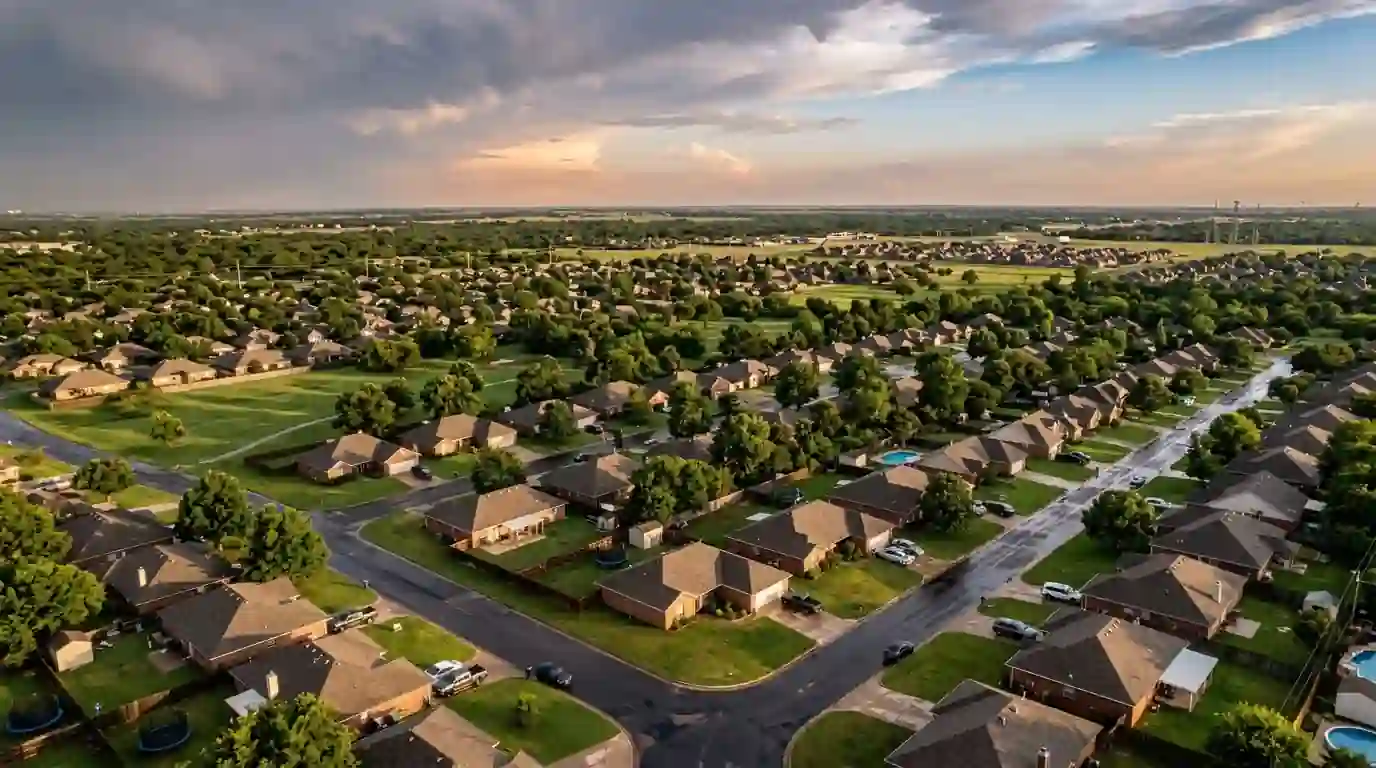 Ranch houses and trees across a central Oklahoma suburb after rain