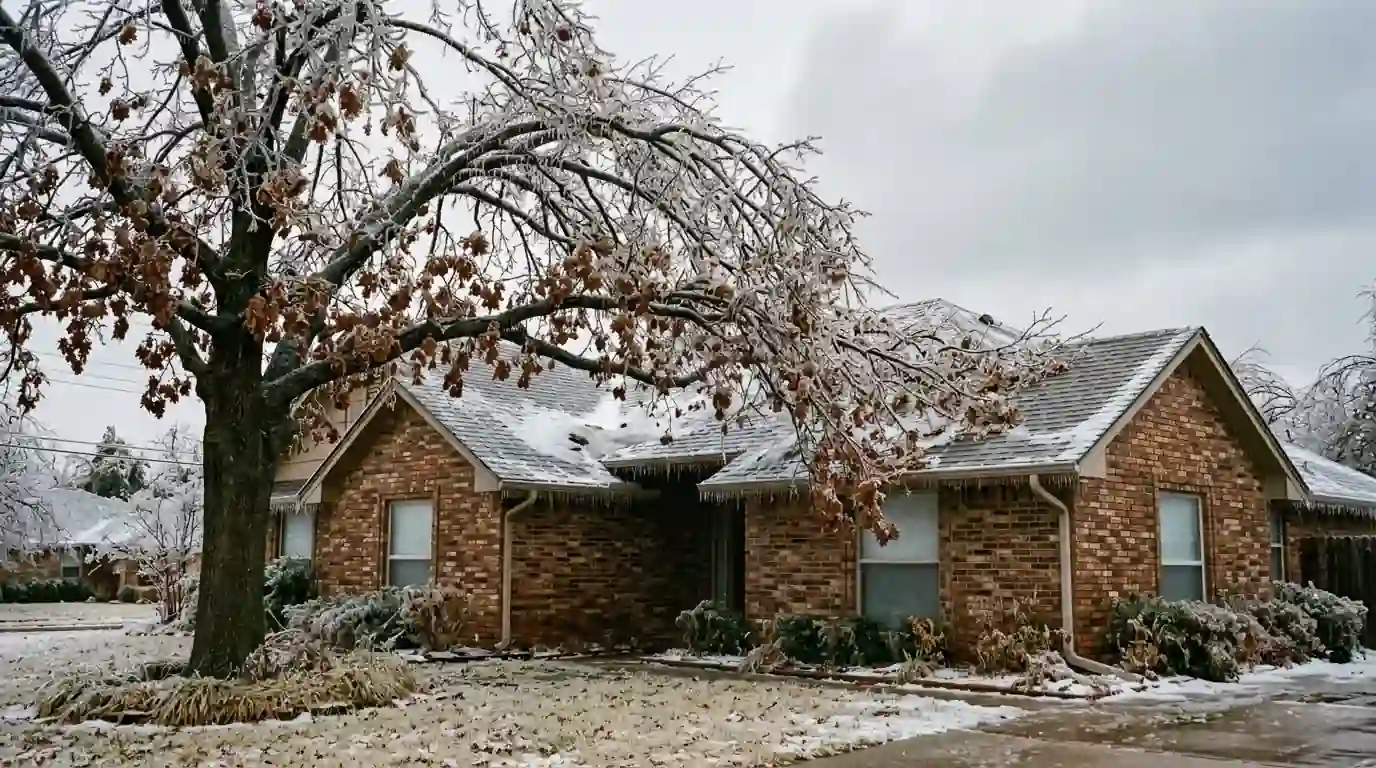 Ice-coated limbs over an Oklahoma City home after an ice storm