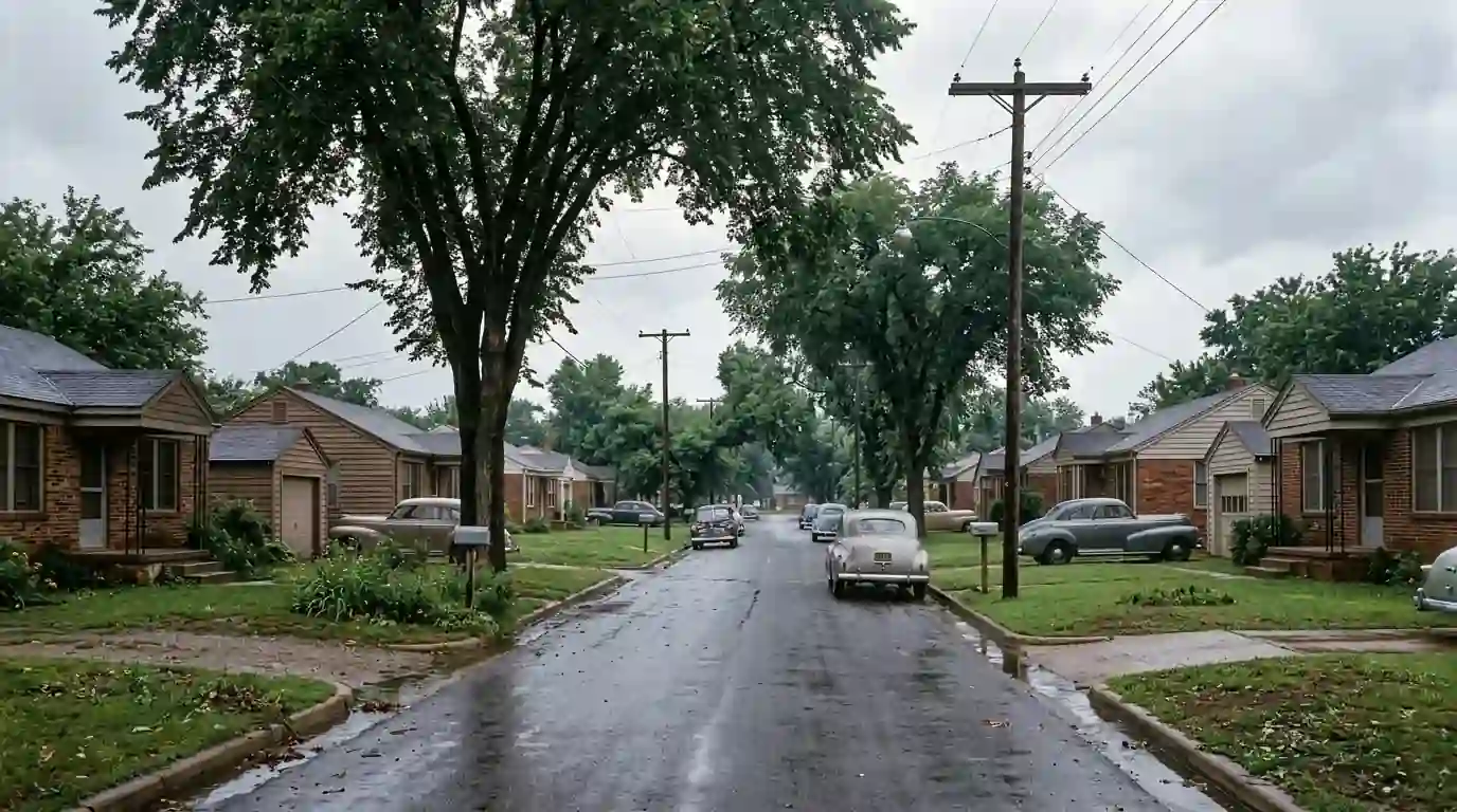 Postwar homes on a Del City street after rain