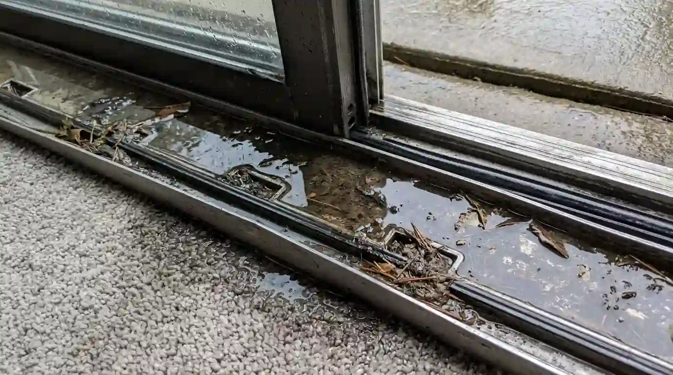 Sliding door track overflowing with rain